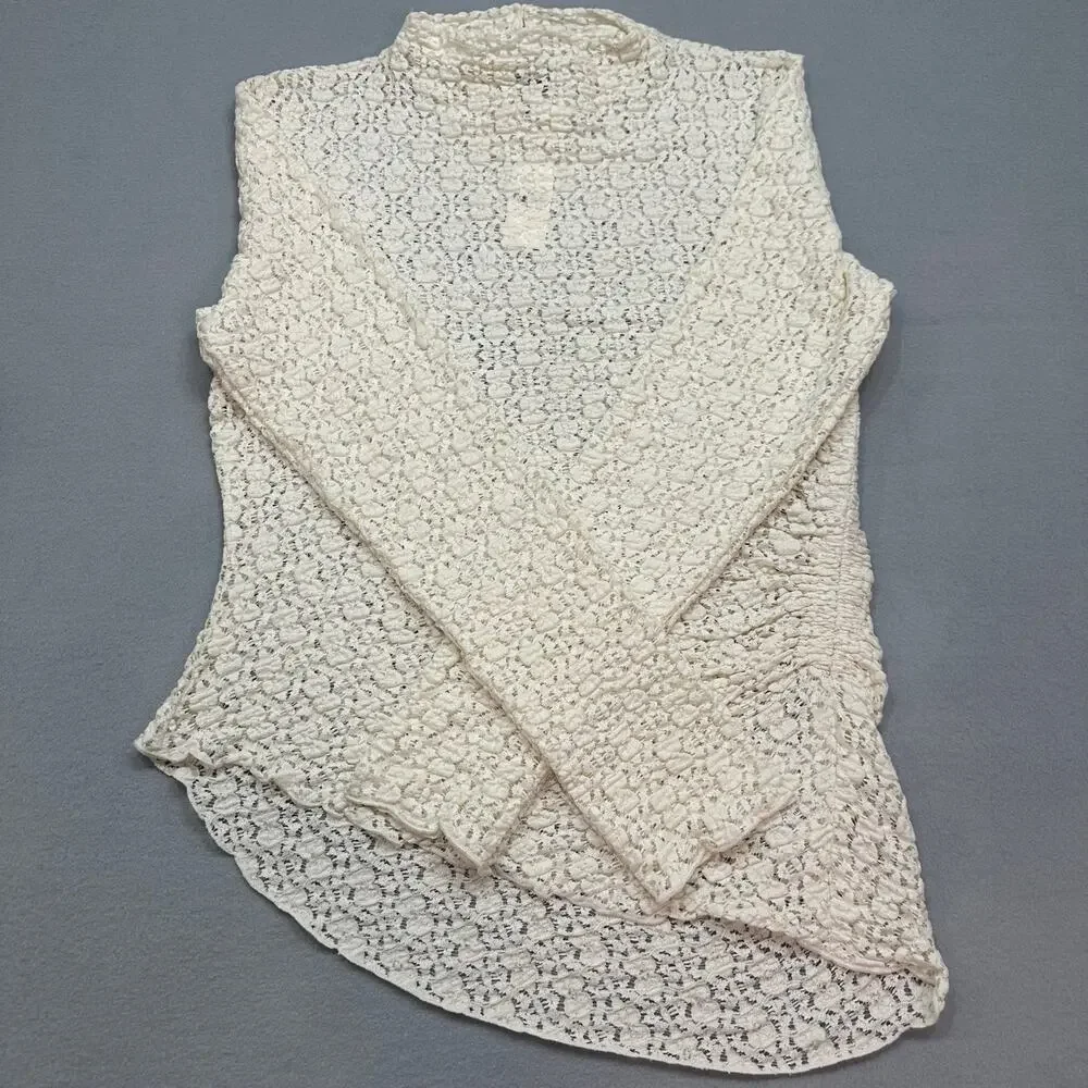 NWT Anthropologie Ivory Smocked Lace Sheer Mock Neck Long Sleeve Top Size M - Picture 12 of 13